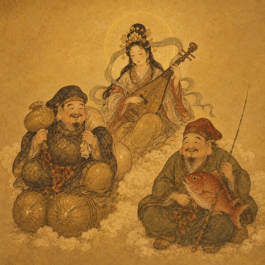 七福神 — 金運を司る福の神々(大黒天・弁財天・恵比寿)